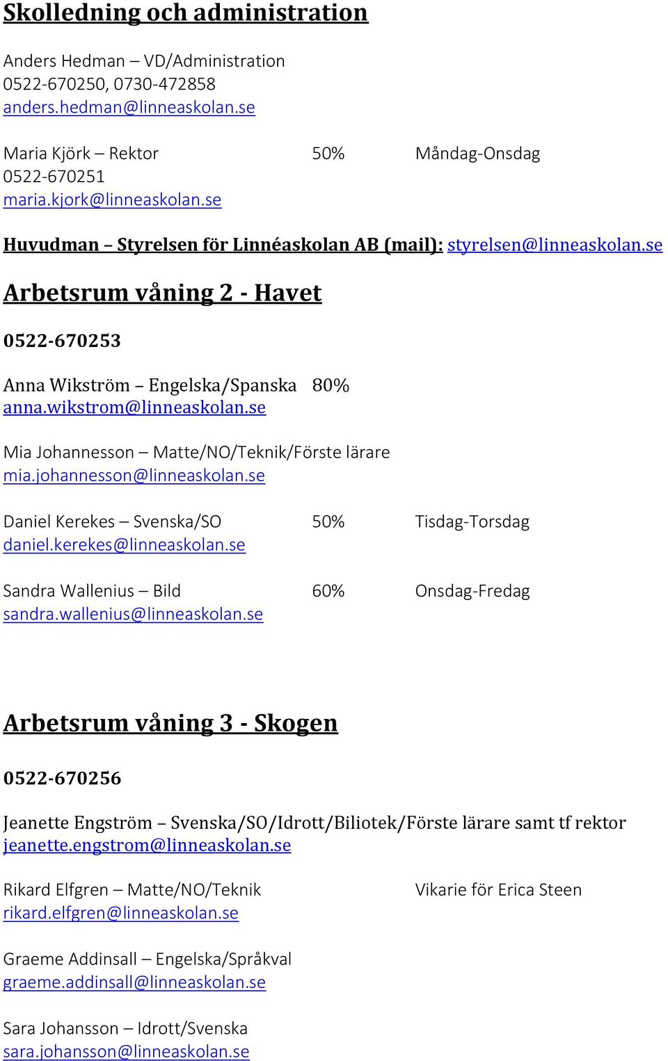 se Mia Johannesson Matte/NO/Teknik/Förste lärare mia.johannesson@linneaskolan.se Daniel Kerekes Svenska/SO 50% Tisdag-Torsdag daniel.kerekes@linneaskolan.