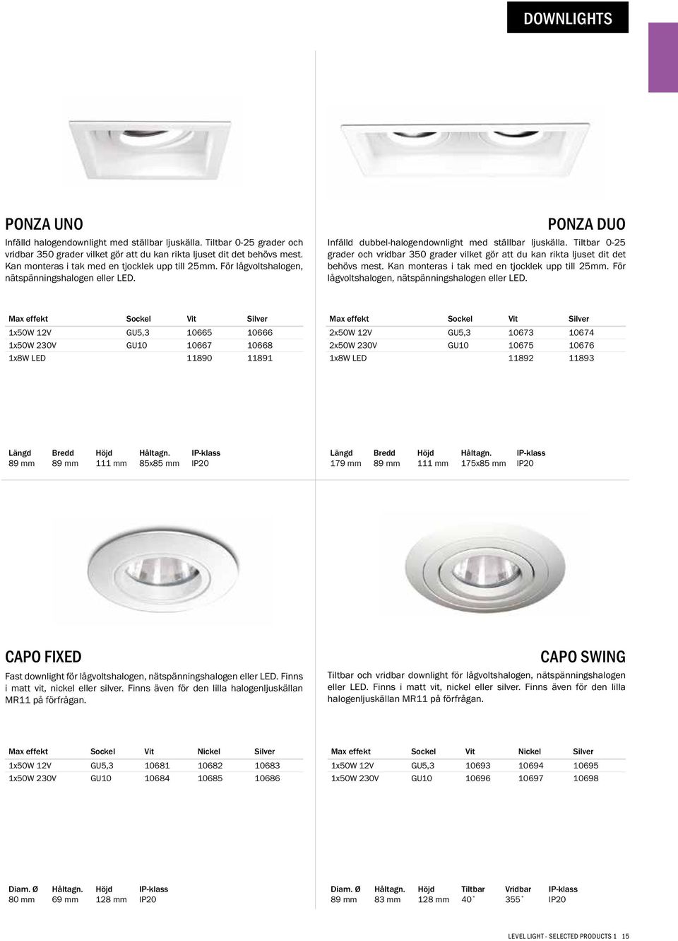 Tiltbar 0-25 grader och vridbar 350 grader vilket gör att du kan rikta ljuset dit det behövs mest. Kan monteras i tak med en tjocklek upp till 25mm. För lågvoltshalogen, nätspänningshalogen eller LED.