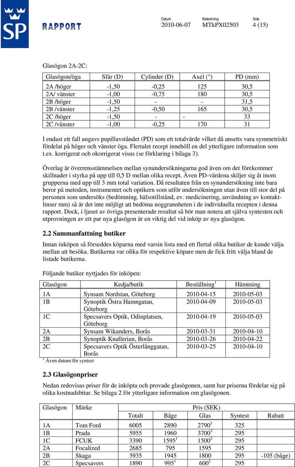 vänster öga. Flertalet recept innehöll en del ytterligare information som t.ex. korrigerat och okorrigerat visus (se förklaring i bilaga 3).