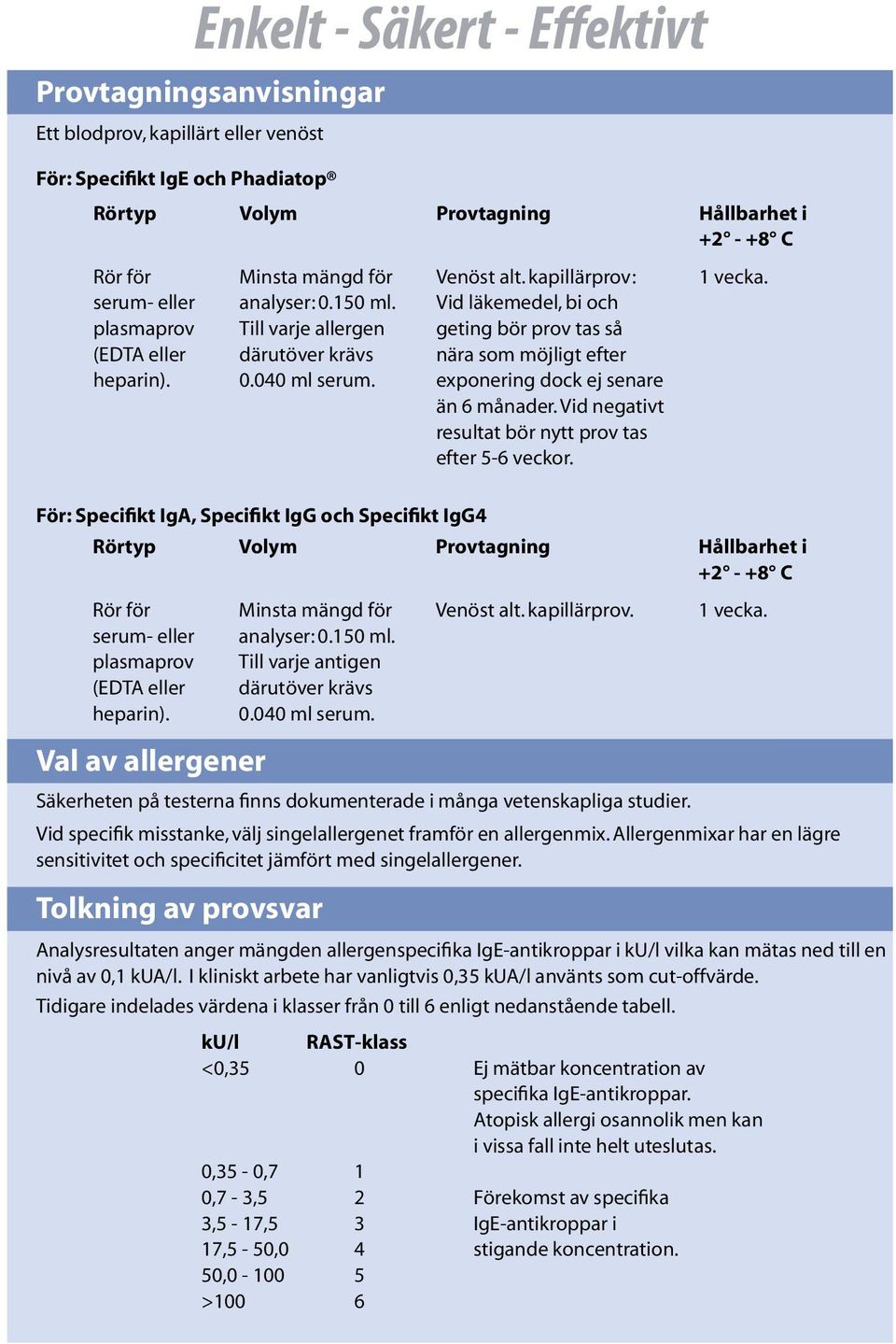 Val av allergener Säkerheten på testerna finns dokumenterade i många vetenskapliga studier. Vid specifik misstanke, välj singelallergenet framför en allergenmix.