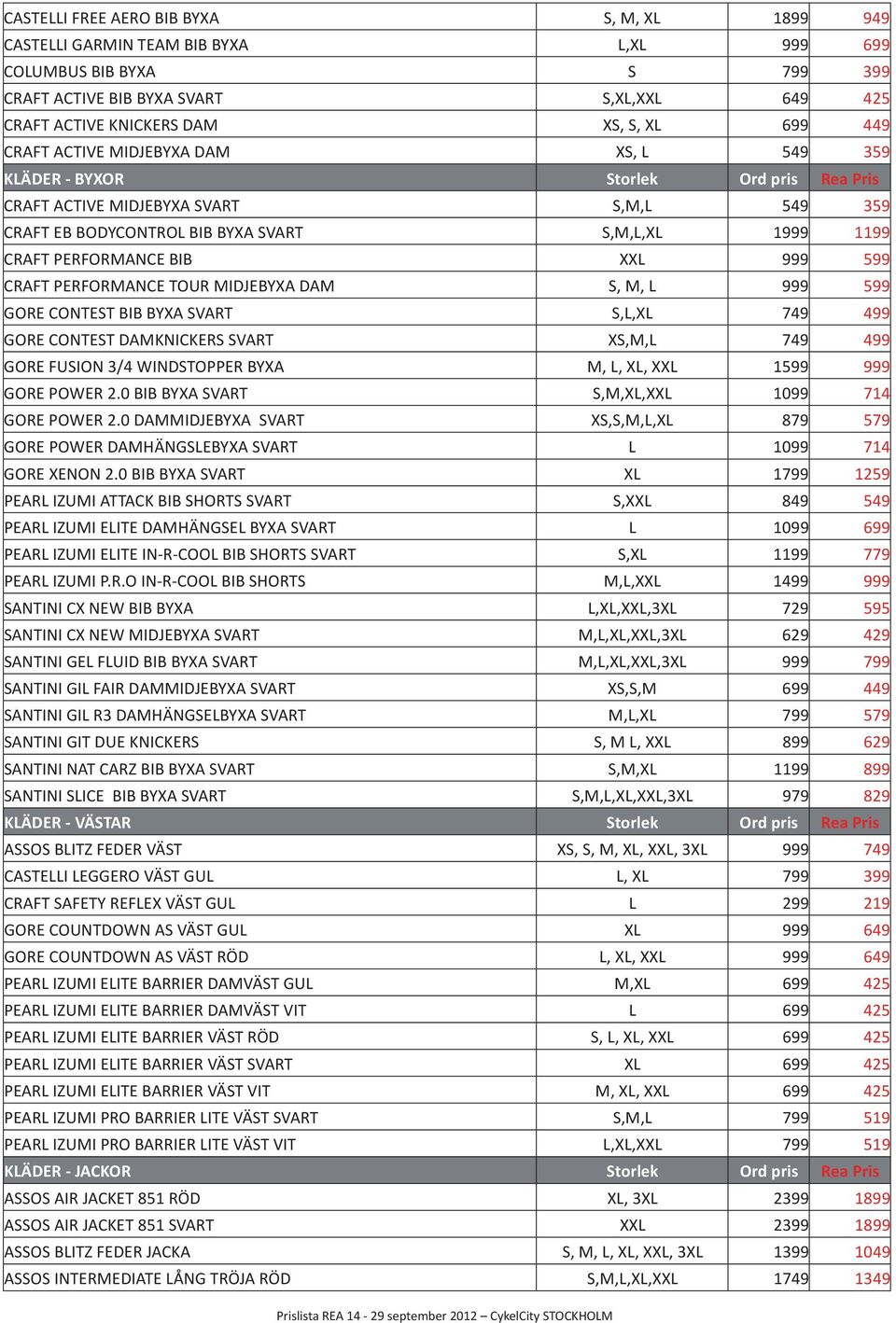 PERFORMANCE BIB XXL 999 599 CRAFT PERFORMANCE TOUR MIDJEBYXA DAM S, M, L 999 599 GORE CONTEST BIB BYXA SVART S,L,XL 749 499 GORE CONTEST DAMKNICKERS SVART XS,M,L 749 499 GORE FUSION 3/4 WINDSTOPPER