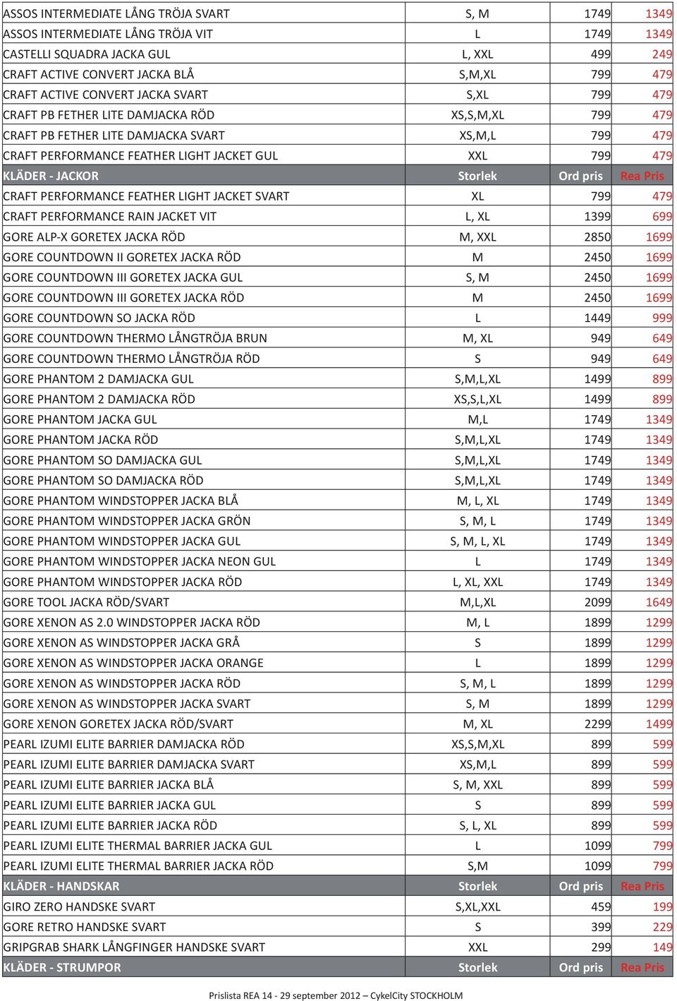 JACKOR Storlek Ord pris Rea Pris CRAFT PERFORMANCE FEATHER LIGHT JACKET SVART XL 799 479 CRAFT PERFORMANCE RAIN JACKET VIT L, XL 1399 699 GORE ALP-X GORETEX JACKA RÖD M, XXL 2850 1699 GORE COUNTDOWN