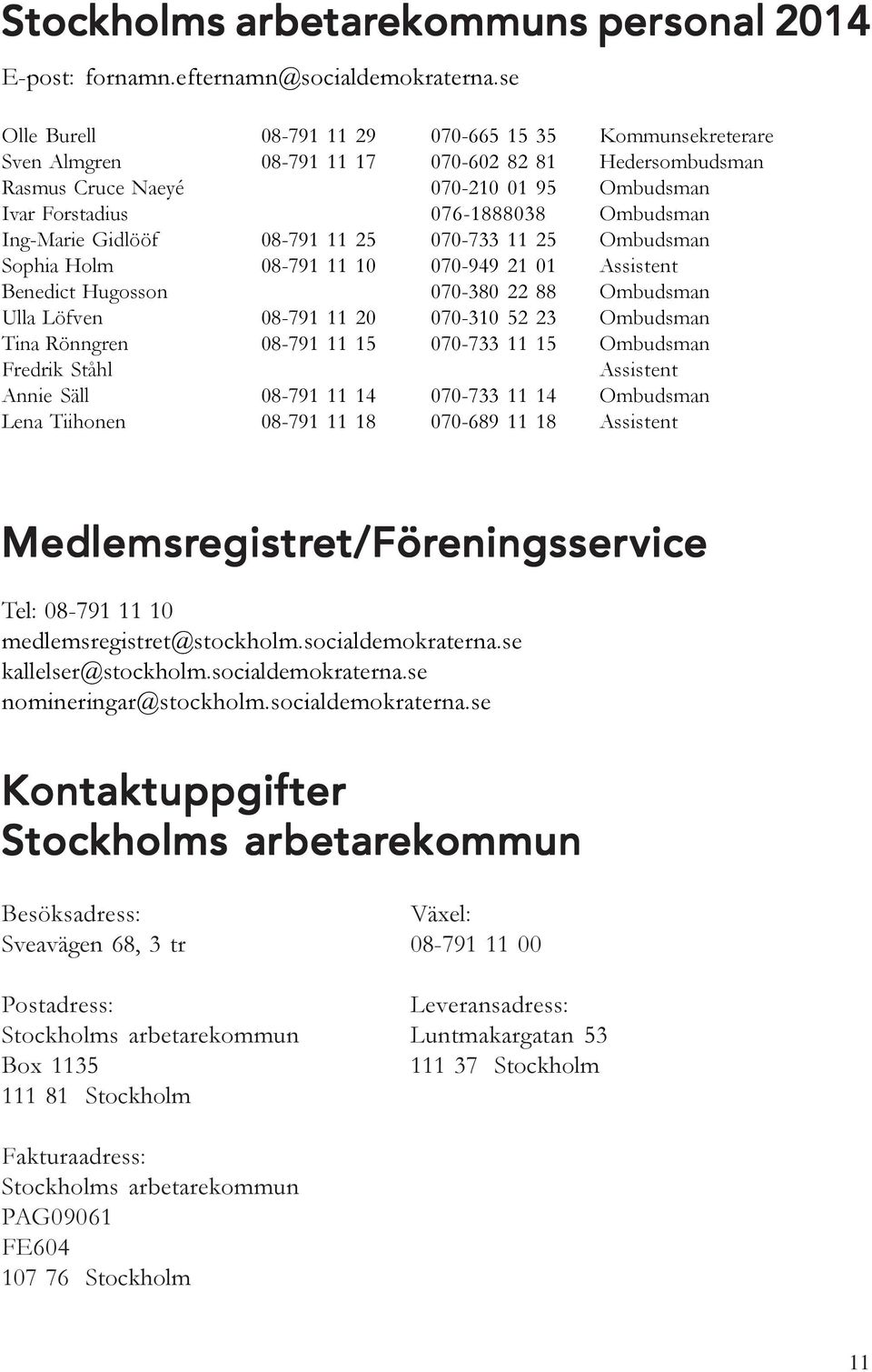 Ing-Marie Gidlööf 08-791 11 25 070-733 11 25 Ombudsman Sophia Holm 08-791 11 10 070-949 21 01 Assistent Benedict Hugosson 070-380 22 88 Ombudsman Ulla Löfven 08-791 11 20 070-310 52 23 Ombudsman Tina