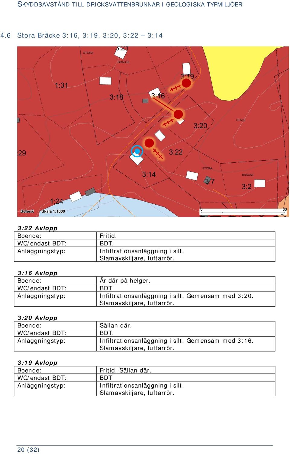 Slamavskiljare, luftarrör. 3:20 Avlopp Boende: Sällan där. WC/endast BDT: BDT. Anläggningstyp: Infiltrationsanläggning i silt. Gemensam med 3:16.