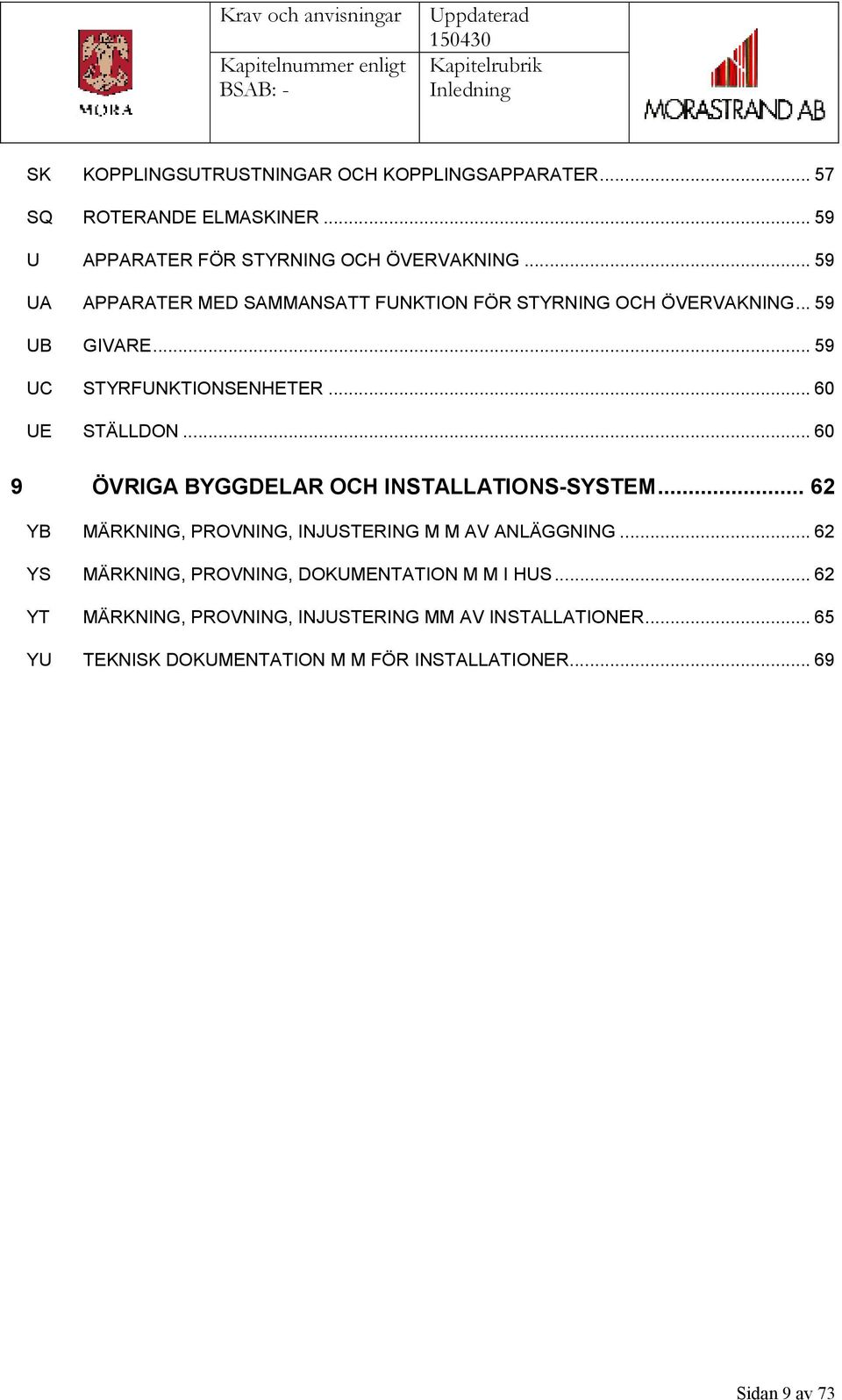 .. 59 UC STYRFUNKTIONSENHETER... 60 UE STÄLLDON... 60 9 ÖVRIGA BYGGDELAR OCH INSTALLATIONS-SYSTEM.