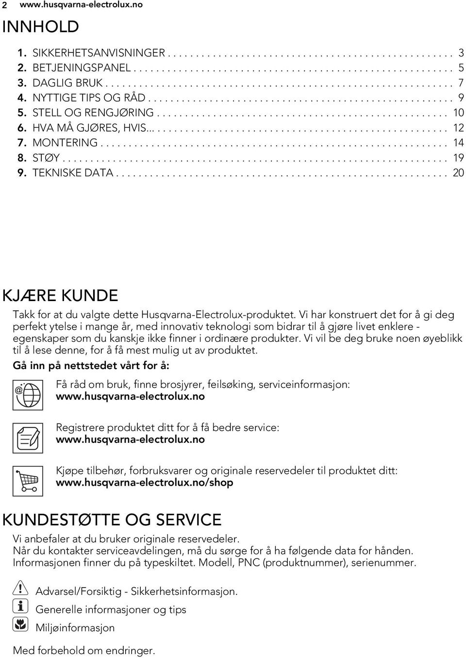 HVA MÅ GJØRES, HVIS....................................................... 12 7. MONTERING.............................................................. 14 8. STØY..................................................................... 19 9.