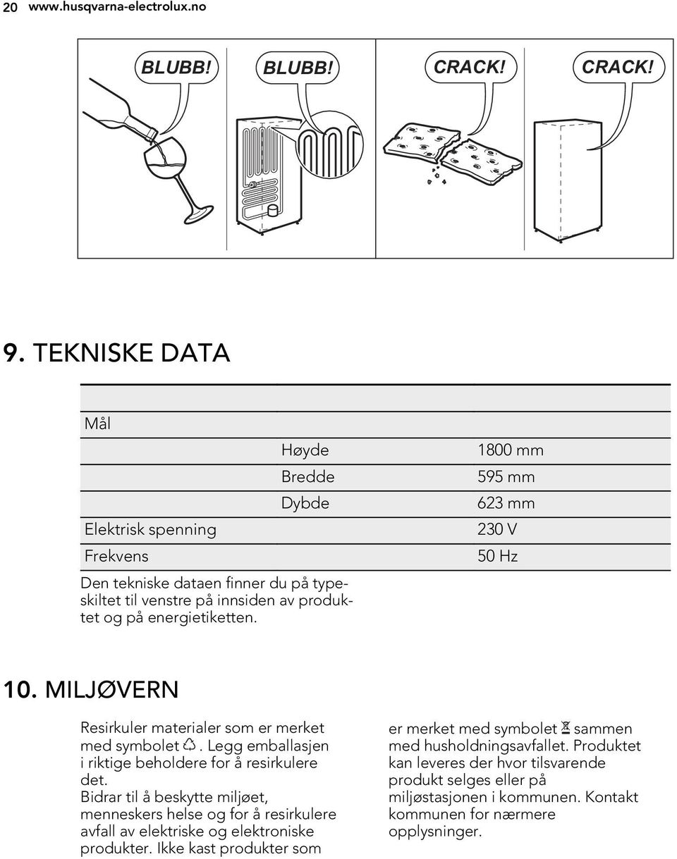 og på energietiketten. 10. MILJØVERN Resirkuler materialer som er merket med symbolet. Legg emballasjen i riktige beholdere for å resirkulere det.