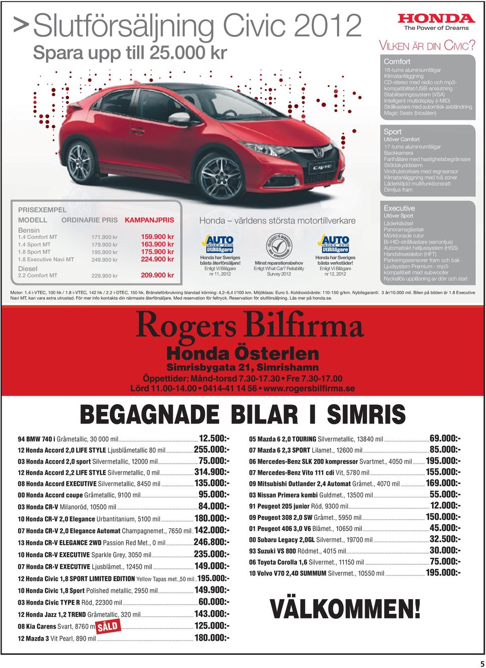 avbländning Magic Seats (biosäten) Sport Utöver Comfort 17-tums aluminiumfälgar Backkamera Farthållare med hastighetsbegränsare Stöldskyddslarm Vindrutetorkare med regnsensor Klimatanläggning med två