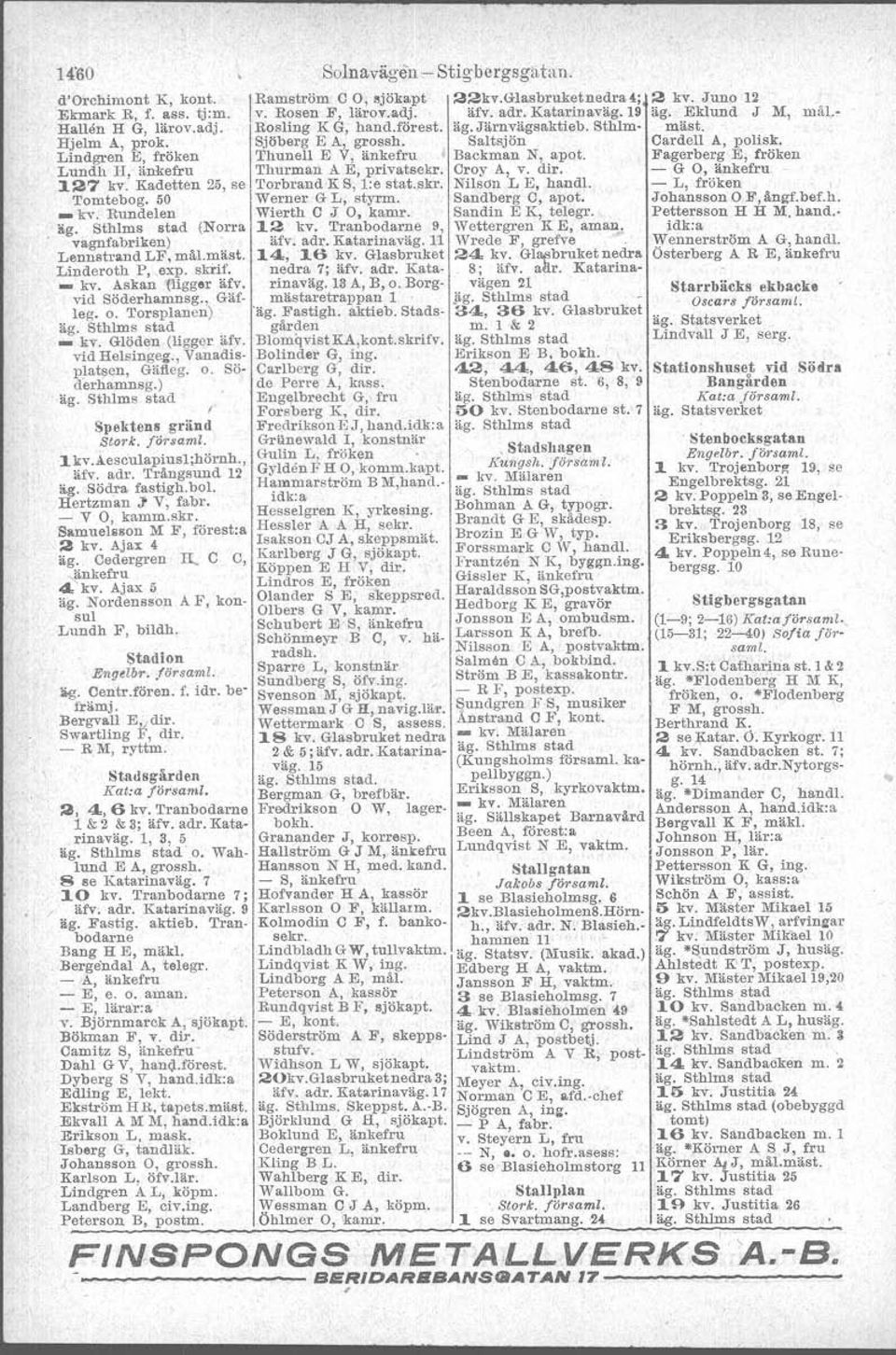 Lindgren E, fröken Thunell EV, änkefru Backman N, apat. Fagerberg E, fröken Lundh Il, änkefru Thurman A E, privatsekr. Croy A, v. dir. - G O, änkefru 127 kv. Kadetten 25, se Torbrand K S, L:e stat.