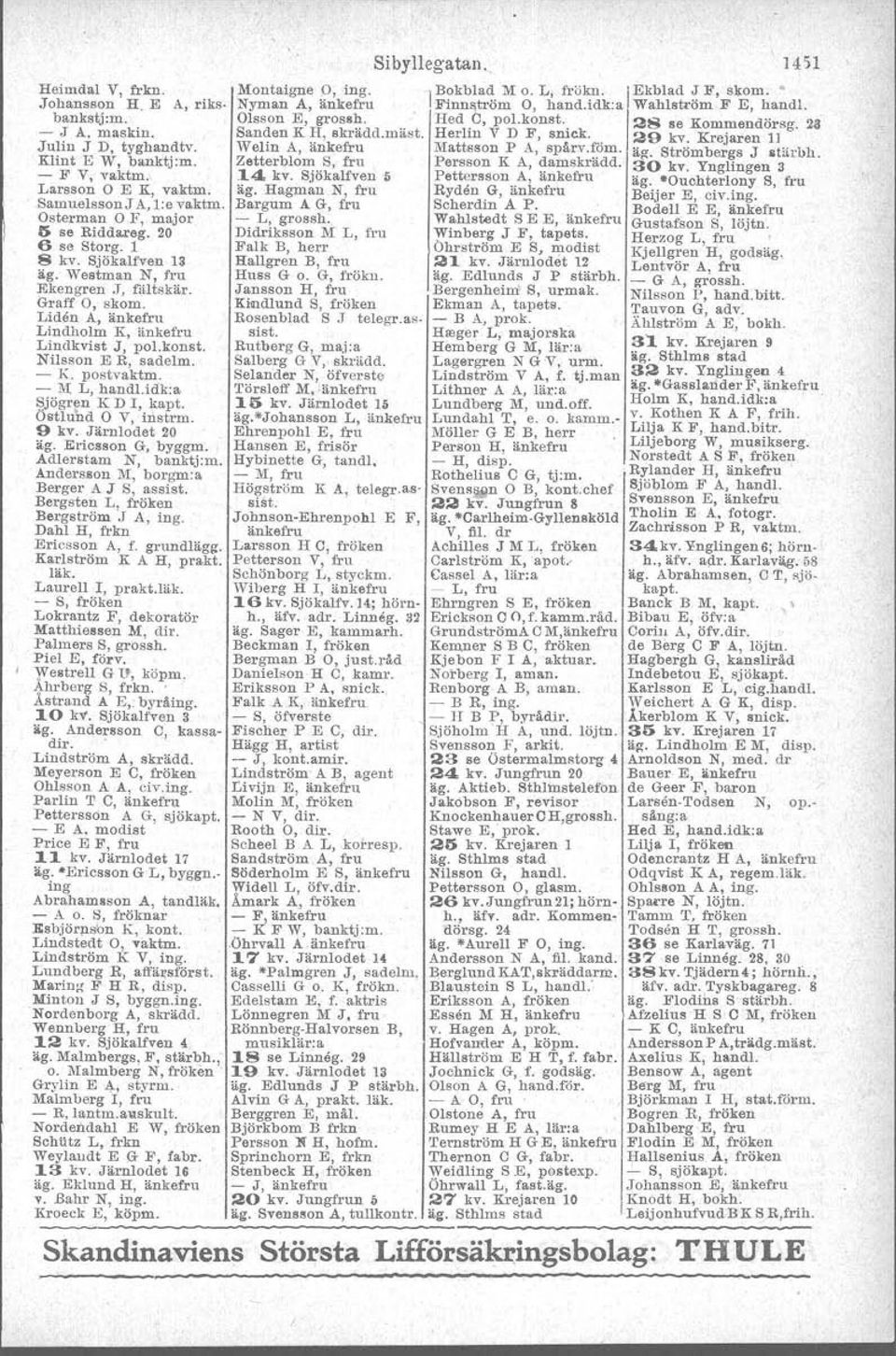 Nilsson E R, sadelm. - K. postvaktm. - III L, handl.idk.a I?jögren K Dl, kapt. Ostlund O V, instrm. 9 kv. Järnlodet 20 äg. Ericsson G, byggm. Adlerstam N, banktj:m.