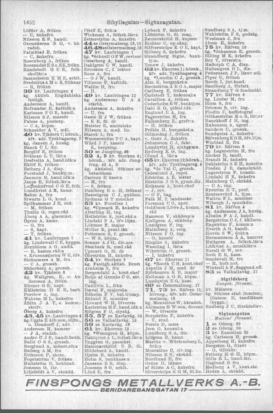 E, kafeidk:a Karlsson F O B, handl. Nilsson S J, massör Palme A, postexp. - CA, köpm. Schneider A Y, mål. 4.0 kv. Tjädern 7; hörnh., lift. adr. Tyskbagareg. 1 äg. JanBen,J, huslig. Banck C Iidir.