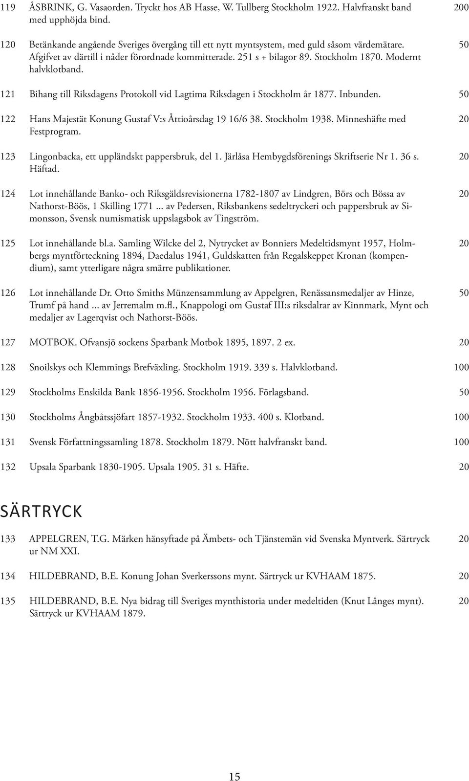 Modernt halvklotband. 0 121 Bihang till Riksdagens Protokoll vid Lagtima Riksdagen i Stockholm år 1877. Inbunden. 122 Hans Majestät Konung Gustaf V:s Åttioårsdag 19 16/6 38. Stockholm 1938.