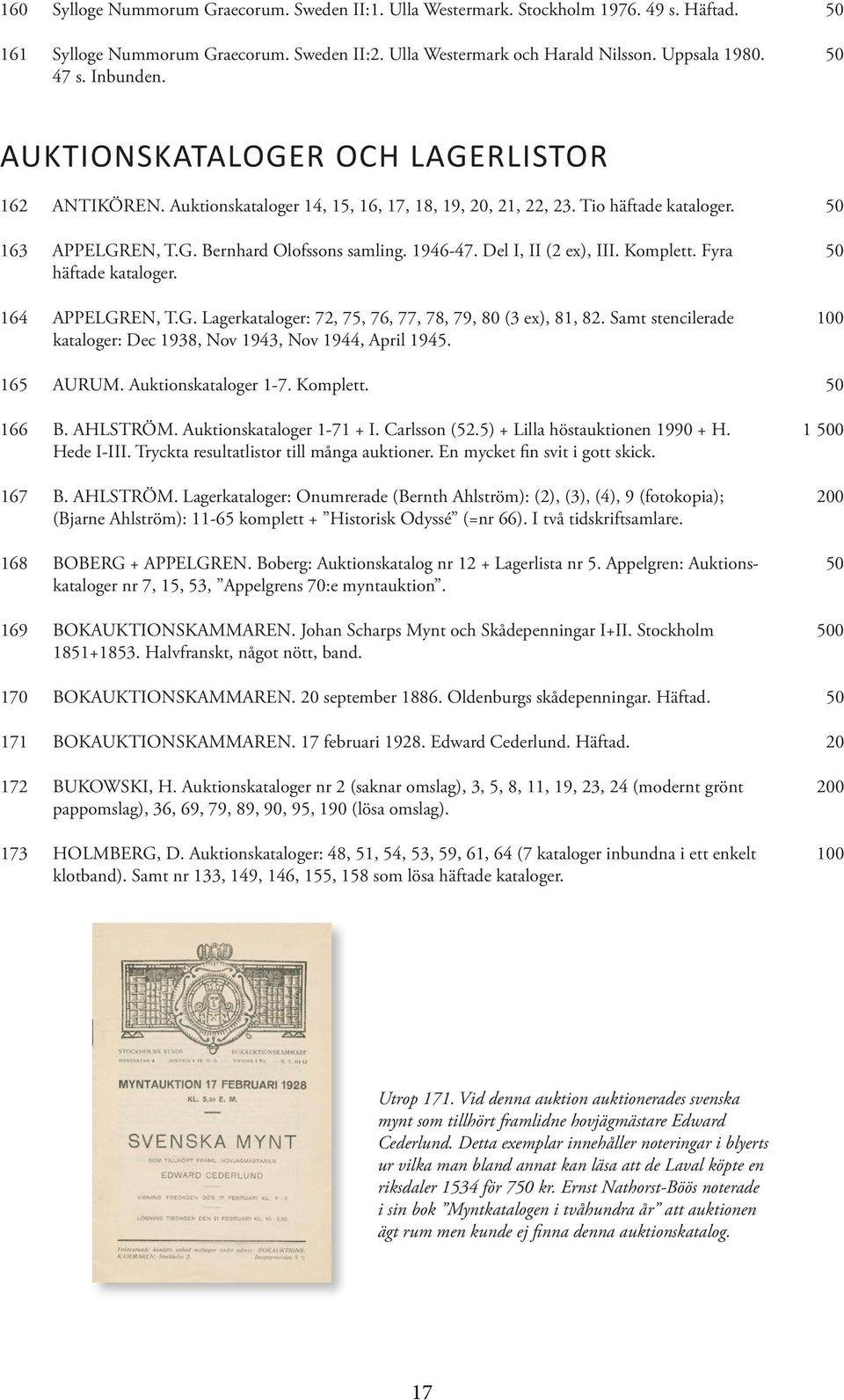 Del I, II (2 ex), III. Komplett. Fyra häftade kataloger. 164 APPELGREN, T.G. Lagerkataloger: 72, 75, 76, 77, 78, 79, 80 (3 ex), 81, 82.