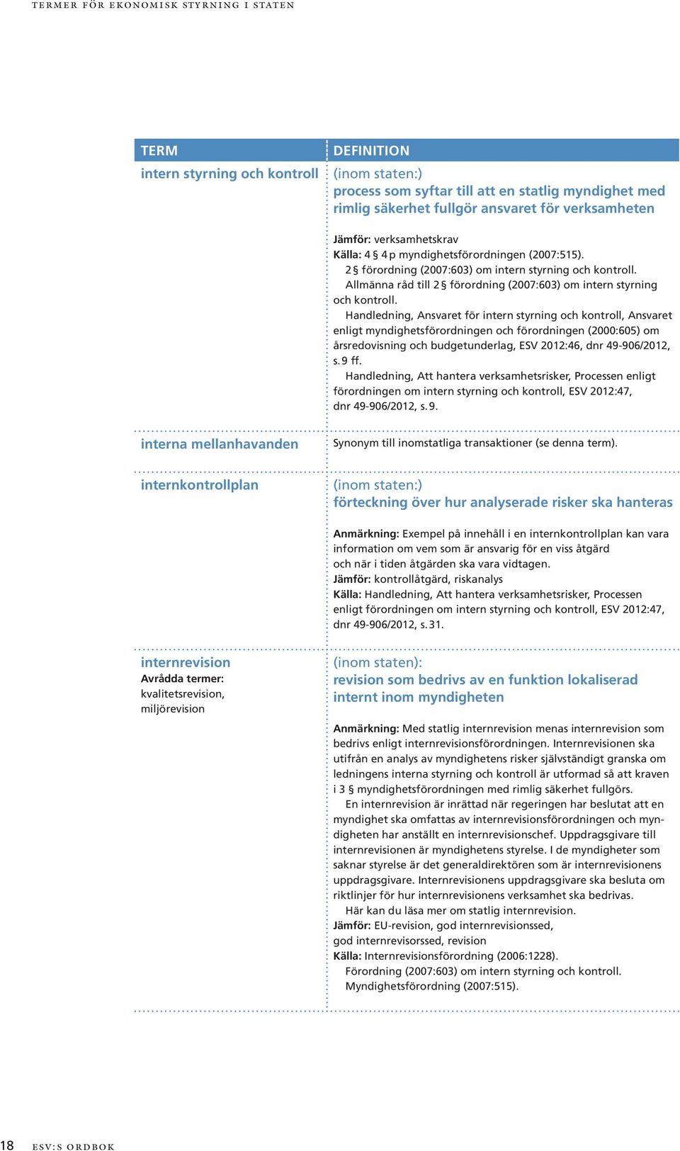 Handledning, Ansvaret för intern styrning och kontroll, Ansvaret enligt myndighetsförordningen och förordningen (2000:605) om årsredovisning och budgetunderlag, ESV 2012:46, dnr 49-906/2012, s. 9 ff.