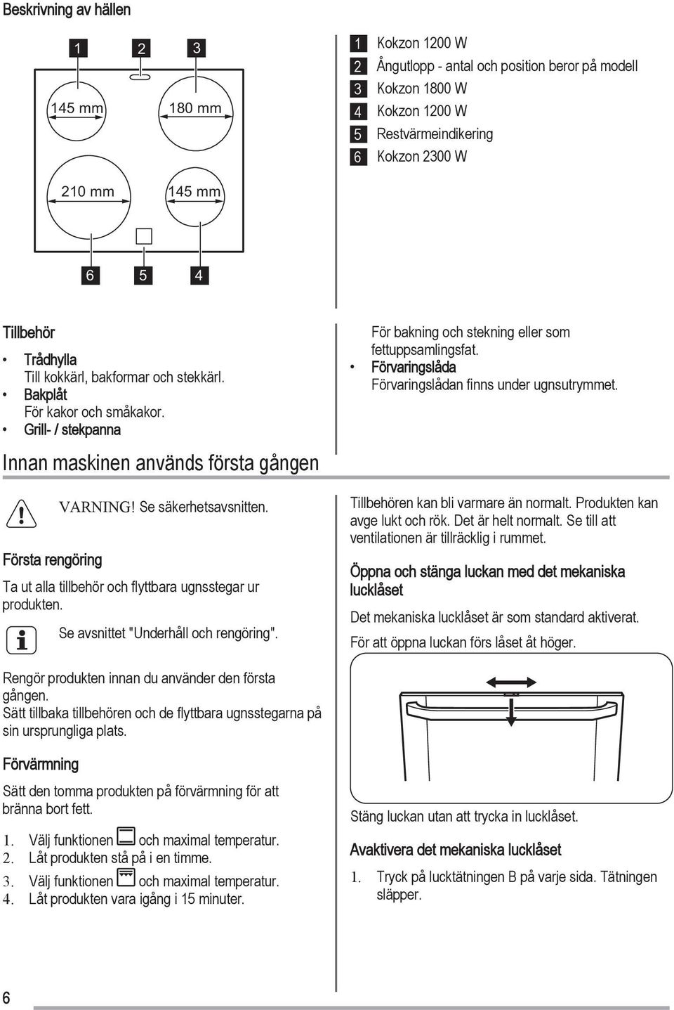 Ta ut alla tillbehör och flyttbara ugnsstegar ur produkten. Se avsnittet "Underhåll och rengöring". För bakning och stekning eller som fettuppsamlingsfat.