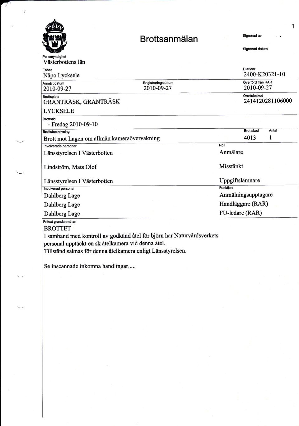 2400-K2032t-10 Överförd från RAR 2010-09-27 Områdeskod 2414120281 106000 Brottskod 4013 Antal I Liinsstyrelsen I Västerbotten lnvolverad personal Dahlberg Lage Dahlberg Lage Dahlberg Lage Fritext