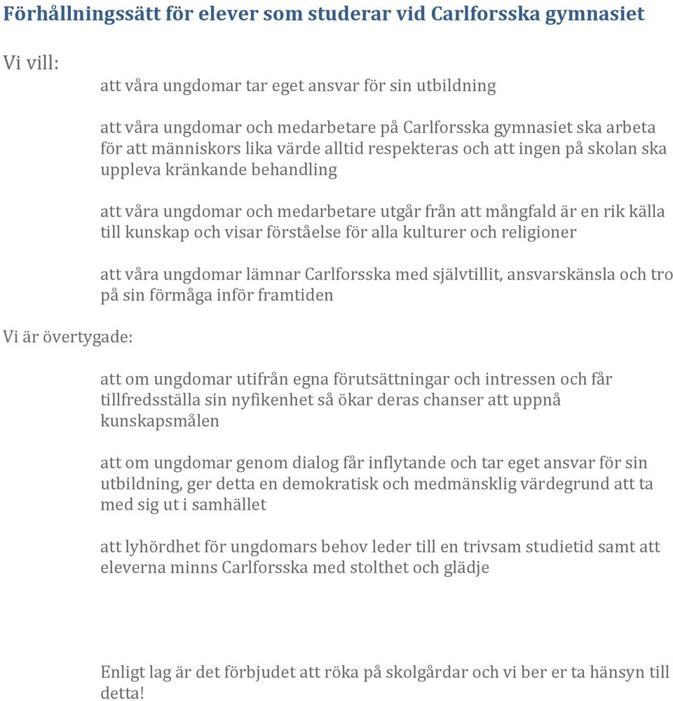 källa till kunskap och visar förståelse för alla kulturer och religioner att våra ungdomar lämnar Carlforsska med självtillit, ansvarskänsla och tro på sin förmåga inför framtiden att om ungdomar