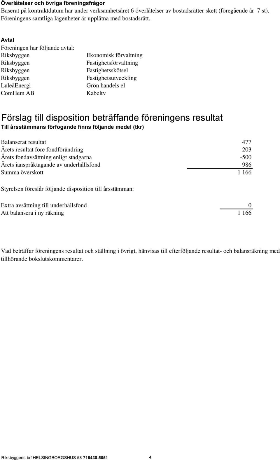 Avtal Föreningen har följande avtal: Riksbyggen Riksbyggen Riksbyggen Riksbyggen LuleåEnergi ComHem AB Ekonomisk förvaltning Fastighetsförvaltning Fastighetsskötsel Fastighetsutveckling Grön handels