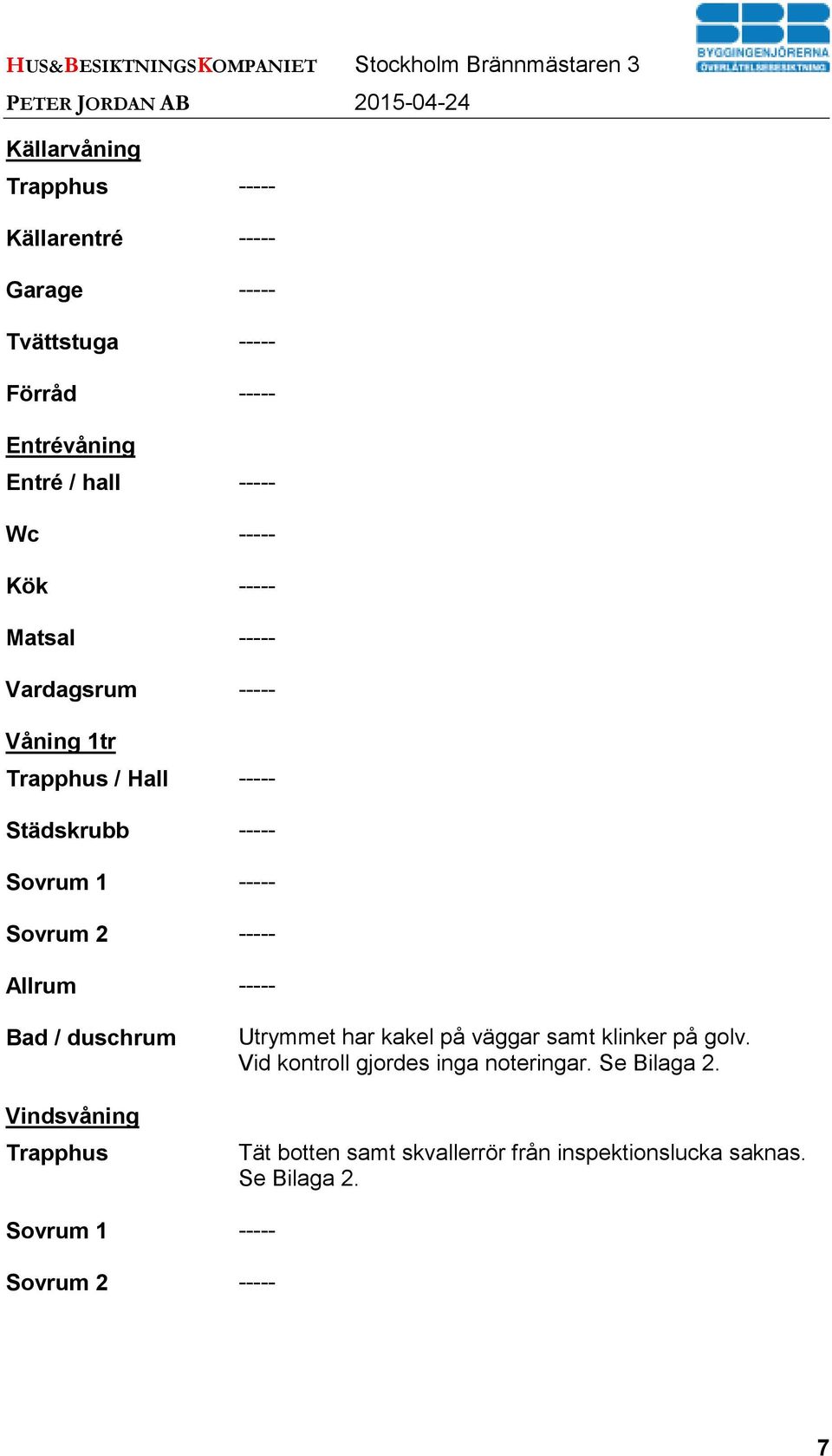 Städskrubb ----- Sovrum 1 ----- Sovrum 2 ----- Allrum ----- Bad / duschrum Vindsvåning Trapphus Utrymmet har kakel på väggar samt klinker på