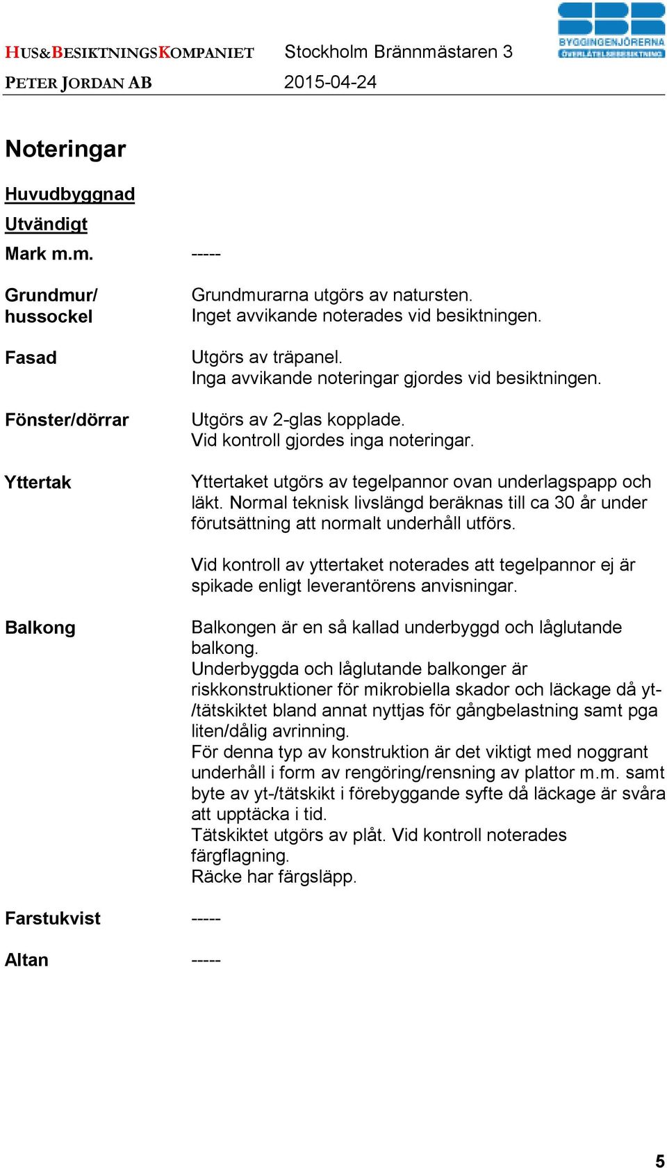 Yttertaket utgörs av tegelpannor ovan underlagspapp och läkt. Normal teknisk livslängd beräknas till ca 30 år under förutsättning att normalt underhåll utförs.