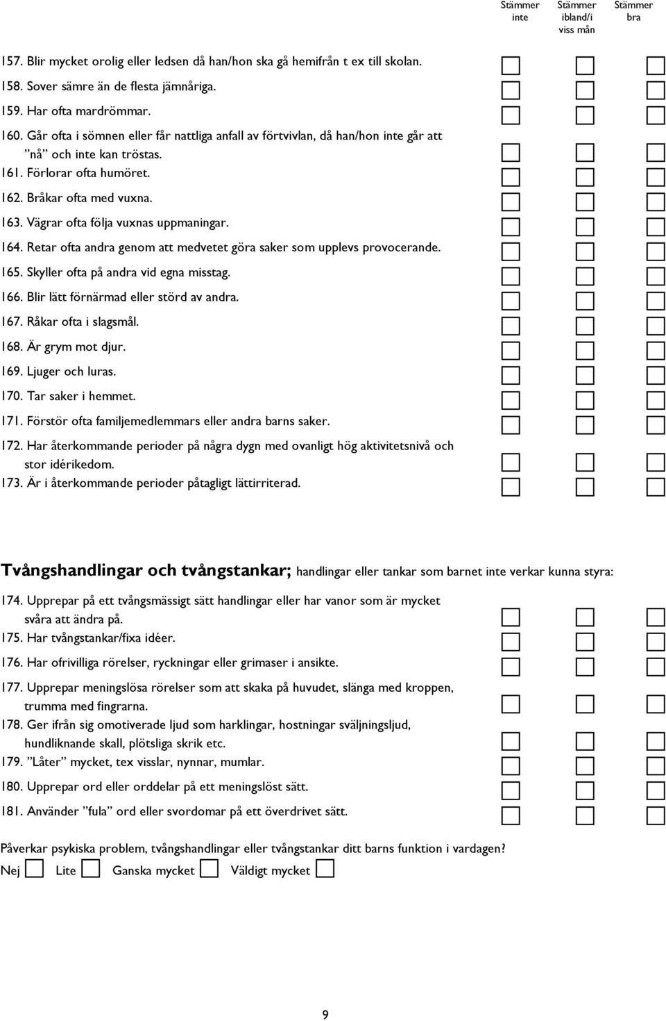 164. Retar ofta andra genom att medvetet göra saker som upplevs provocerande. 165. Skyller ofta på andra vid egna misstag. 166. Blir lätt förnärmad eller störd av andra. 167. Råkar ofta i slagsmål.