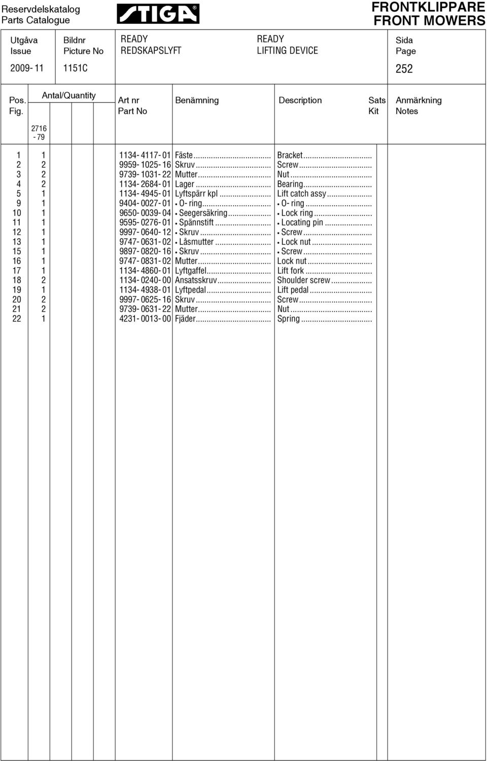 .. 4 2 1134-2684- 01 Lager... Bearing... 5 1 1134-4945- 01 Lyftspärr kpl... Lift catch assy... 9 1 9404-0027- 01 O- ring... O- ring... 10 1 9650-0039- 04 Seegersäkring... Lock ring.