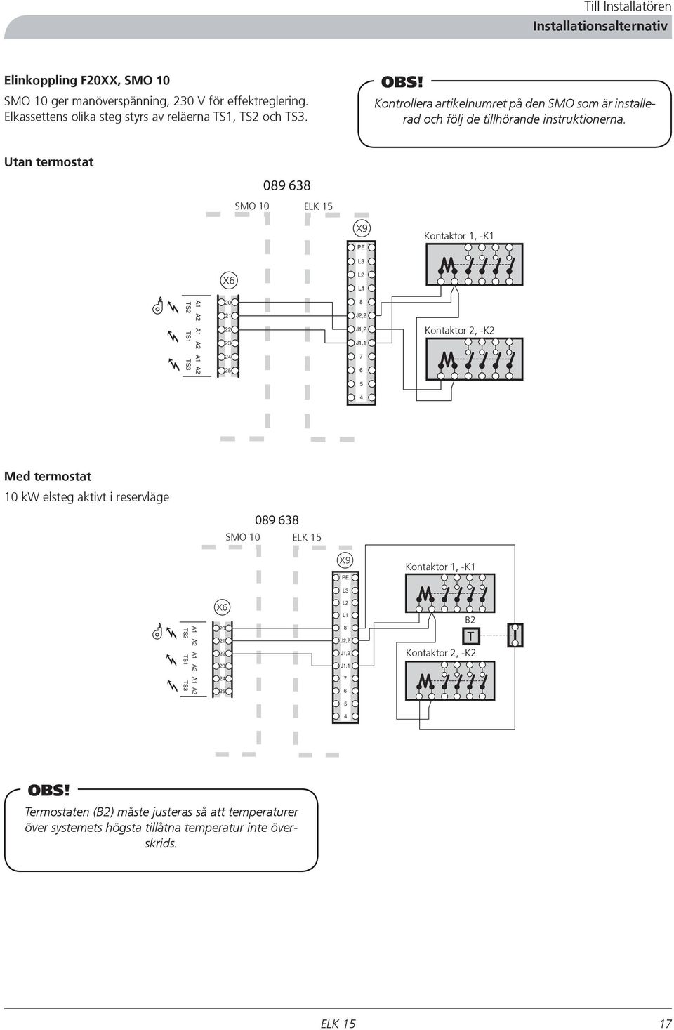 Utan termostat 09 3 SMO 10 X9 PE Kontaktor 1, -K1 L3 X L2 L1 TS2 TS1 TS3 A1 A2 A1 A2 A1 A2 20 21 22 23 2 2 J2,2 J1,2 J1,1 Kontaktor 2, -K2 Med termostat 10 kw elsteg aktivt