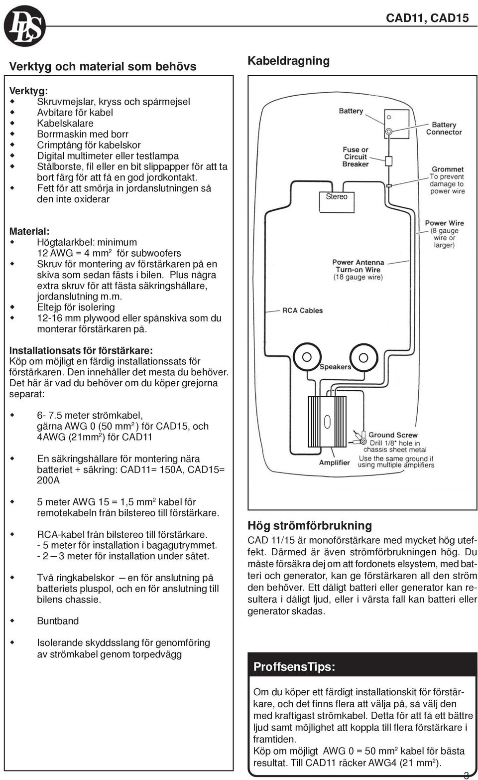 Fett för att smörja in jordanslutningen så den inte oxiderar Kabeldragning Stereo Material: Högtalarkbel: minimum AWG = 4 mm 2 för subwoofers Skruv för montering av förstärkaren på en skiva som sedan