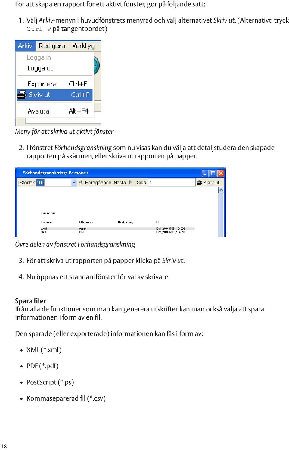 I fönstret Förhandsgranskning som nu visas kan du välja att detaljstudera den skapade rapporten på skärmen, eller skriva ut rapporten på papper. Övre delen av fönstret Förhandsgranskning 3.