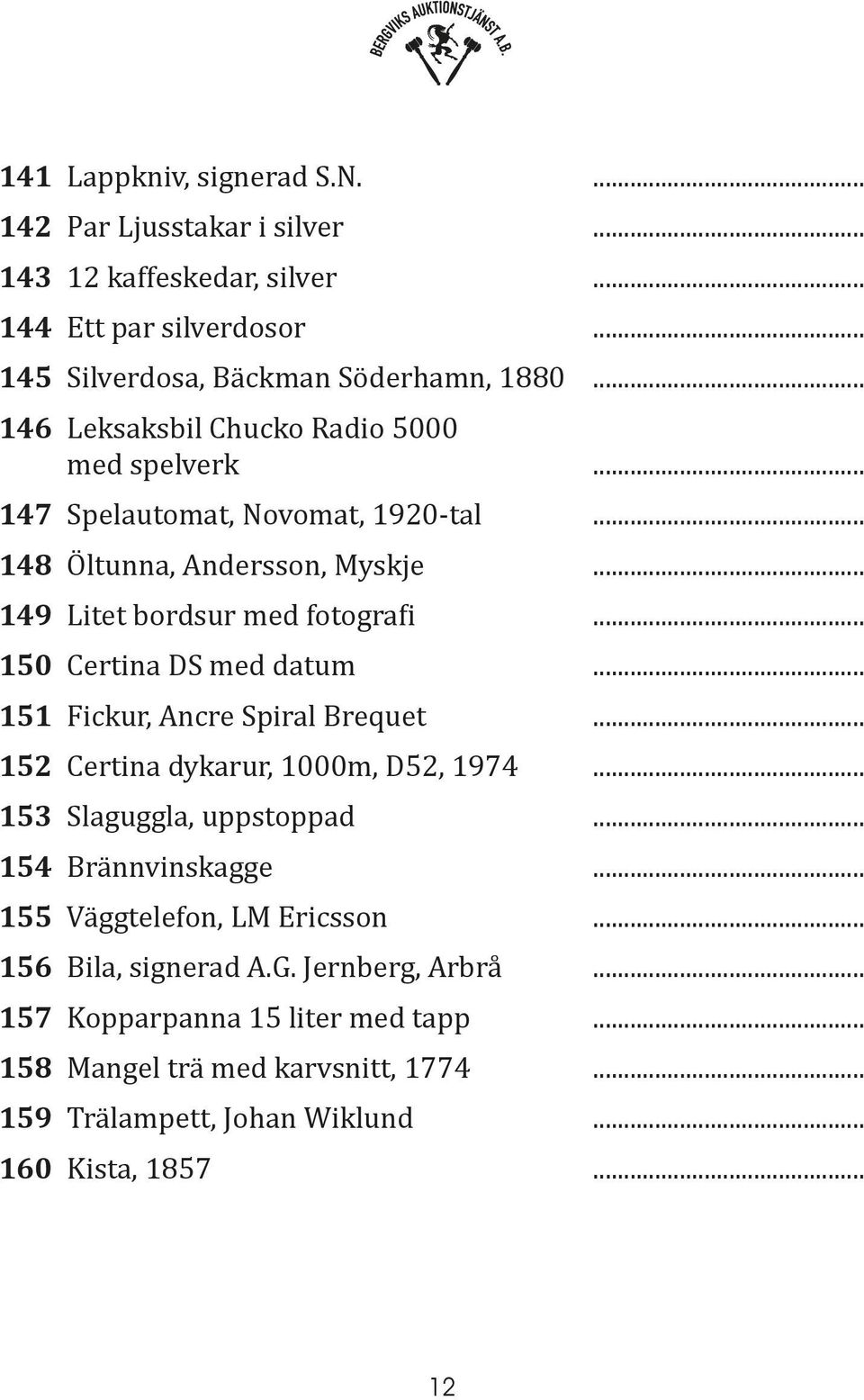 .. 150 Certina DS med datum... 151 Fickur, Ancre Spiral Brequet... 152 Certina dykarur, 1000m, D52, 1974... 153 Slaguggla, uppstoppad... 154 Brännvinskagge.