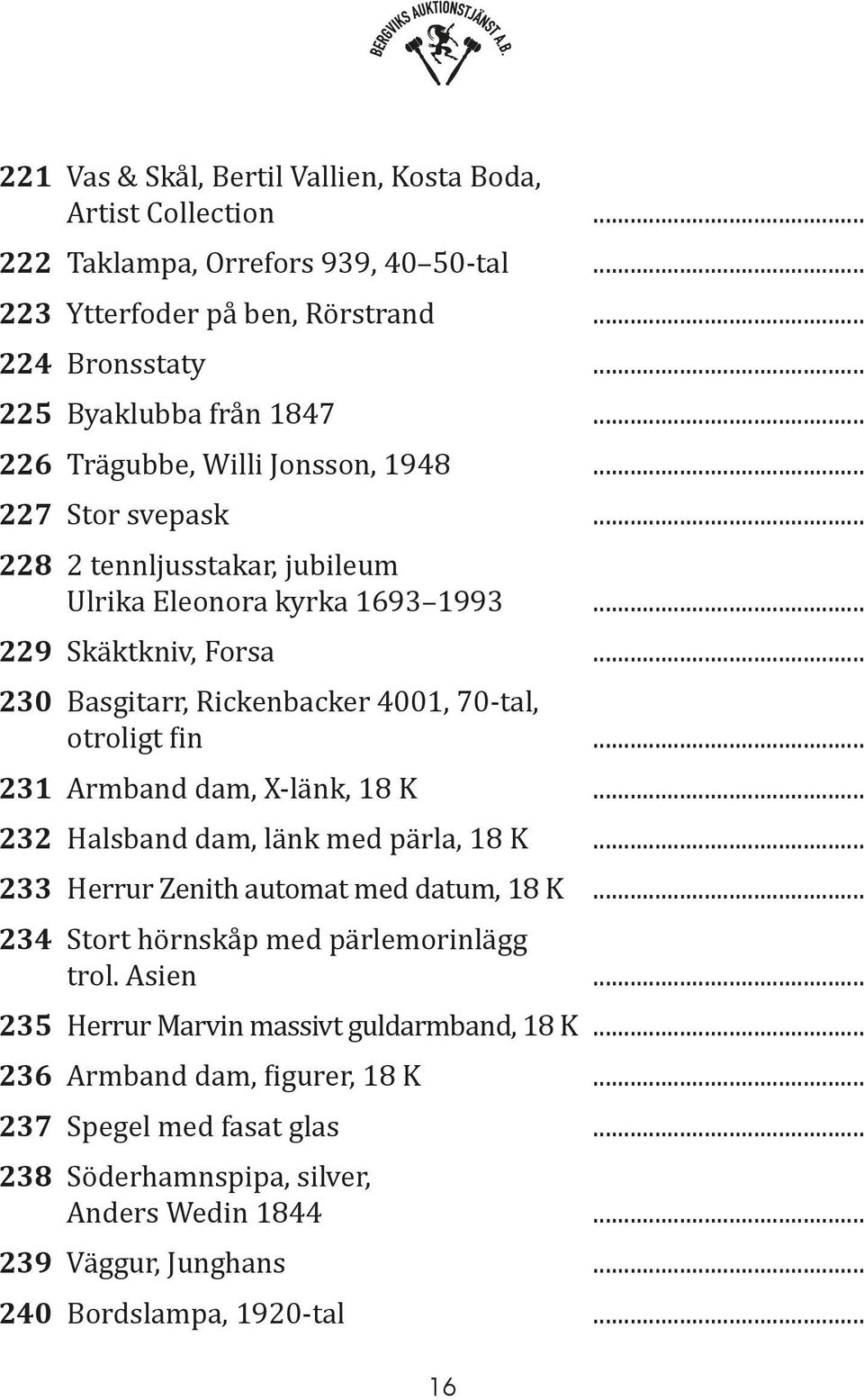 .. 230 Basgitarr, Rickenbacker 4001, 70-tal, otroligt fin... 231 Armband dam, X-länk, 18 K... 232 Halsband dam, länk med pärla, 18 K... 233 Herrur Zenith automat med datum, 18 K.