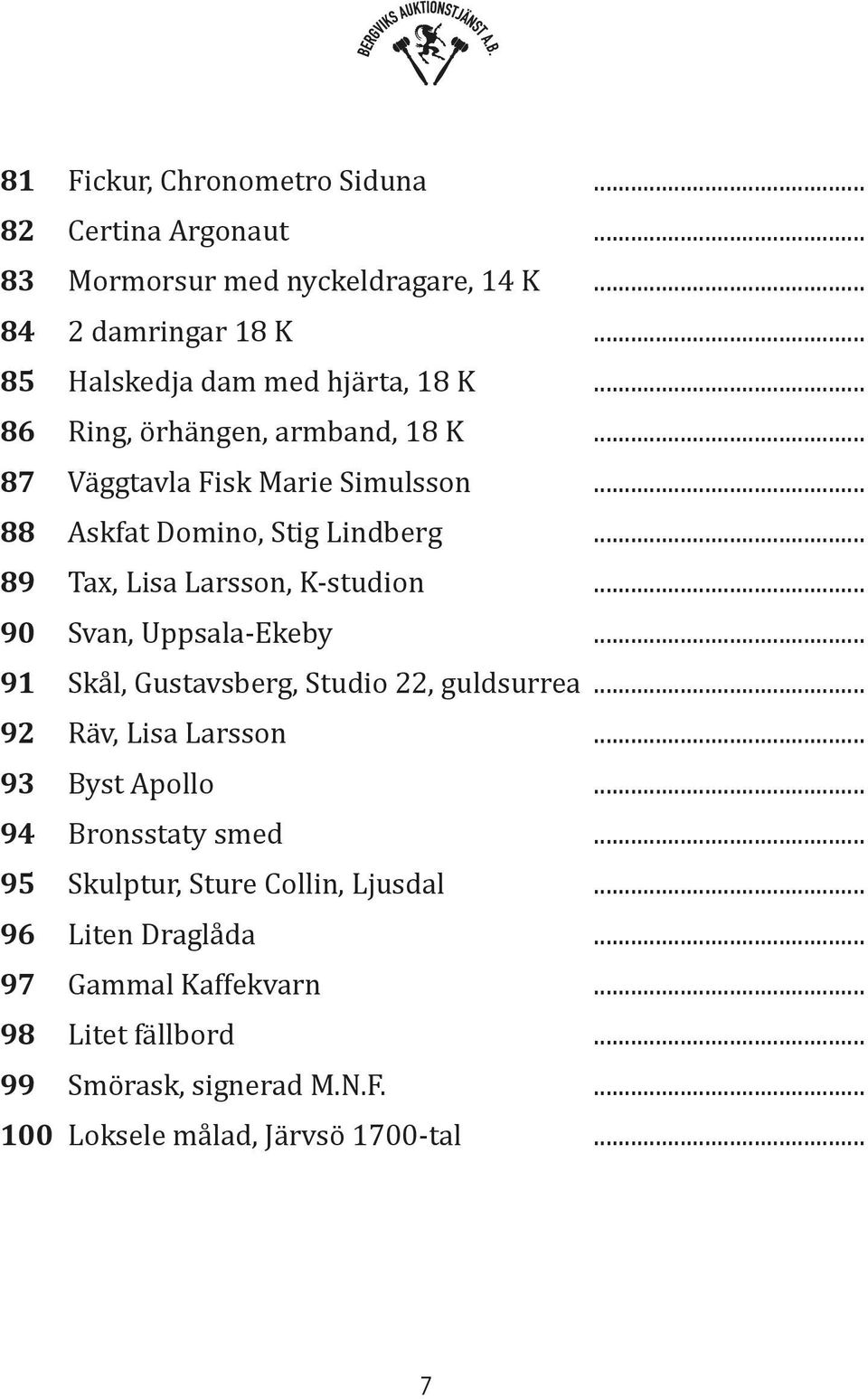 .. 90 Svan, Uppsala-Ekeby... 91 Skål, Gustavsberg, Studio 22, guldsurrea... 92 Räv, Lisa Larsson... 93 Byst Apollo... 94 Bronsstaty smed.