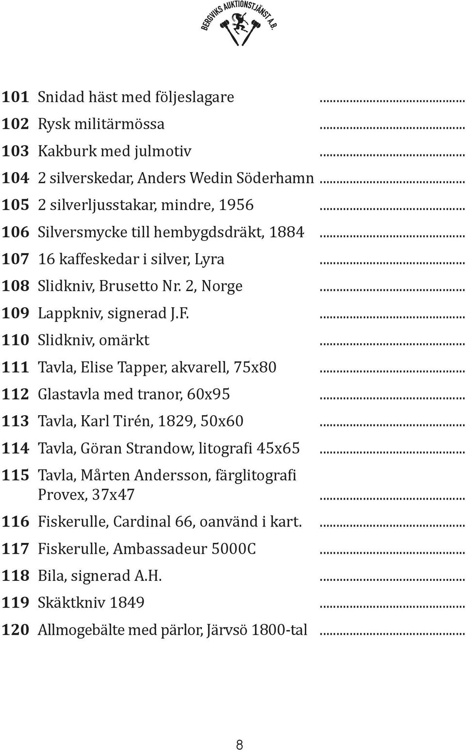 .. 111 Tavla, Elise Tapper, akvarell, 75x80... 112 Glastavla med tranor, 60x95... 113 Tavla, Karl Tirén, 1829, 50x60... 114 Tavla, Göran Strandow, litografi 45x65.