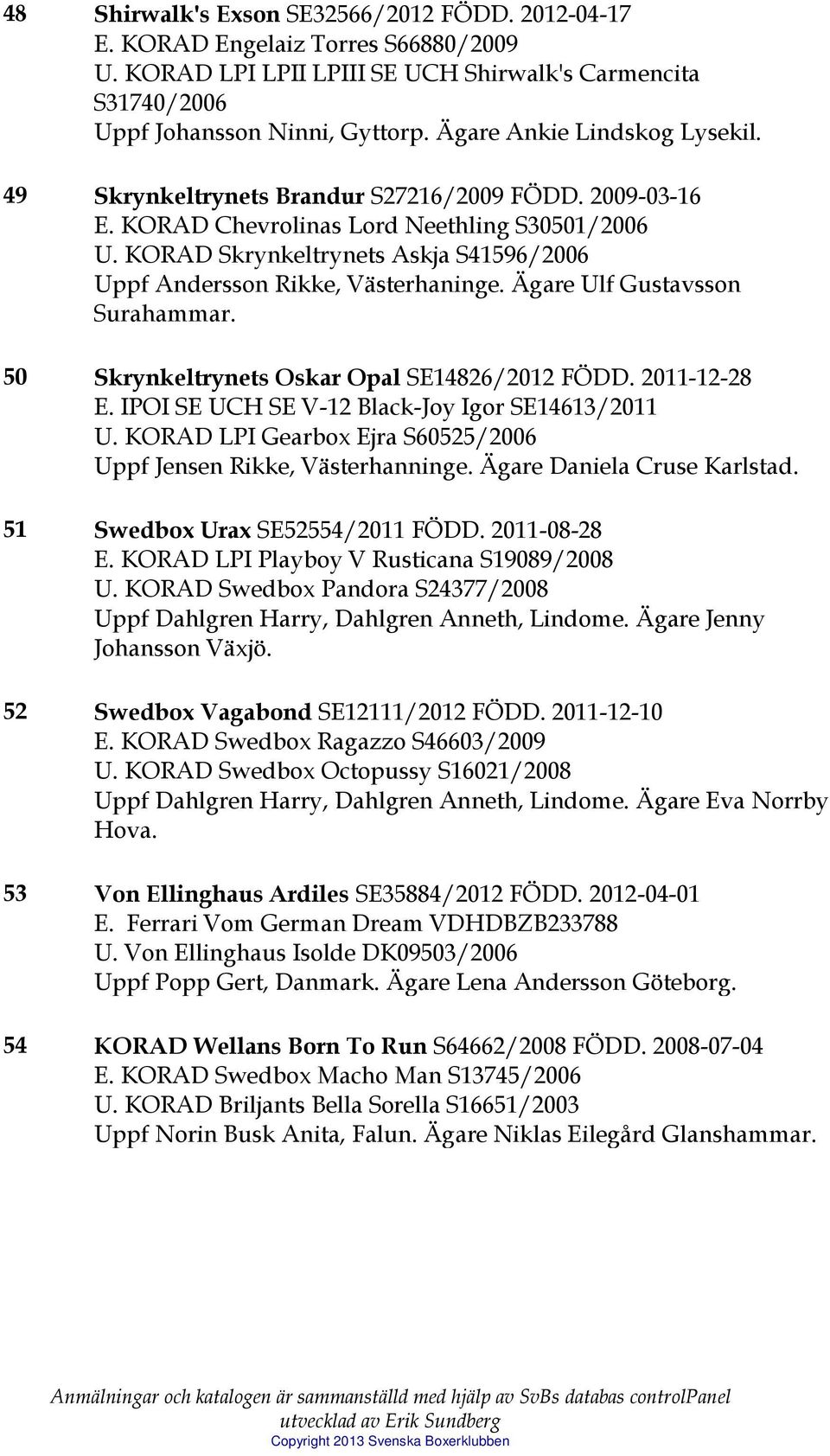 KORAD Skrynkeltrynets Askja S41596/2006 Uppf Andersson Rikke, Västerhaninge. Ägare Ulf Gustavsson Surahammar. 50 Skrynkeltrynets Oskar Opal SE14826/2012 FÖDD. 2011-12-28 E.