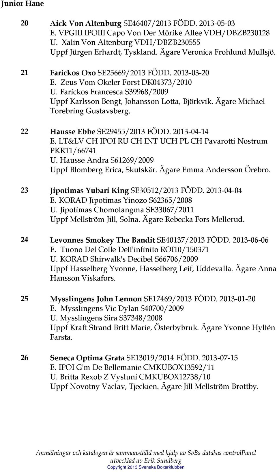 Ägare Michael Torebring Gustavsberg. 22 Hausse Ebbe SE29455/2013 FÖDD. 2013-04-14 E. LT&LV CH IPOI RU CH INT UCH PL CH Pavarotti Nostrum PKR11/66741 U.