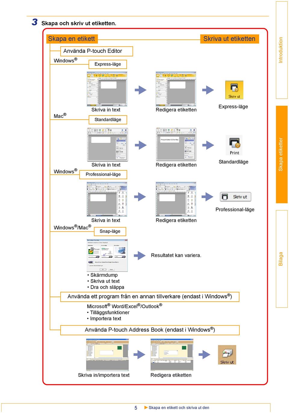 in text Professional-läge Redigera etiketten Standardläge Professional-läge Skriva in text Windows /Mac Snap-läge Redigera etiketten Resultatet kan variera.