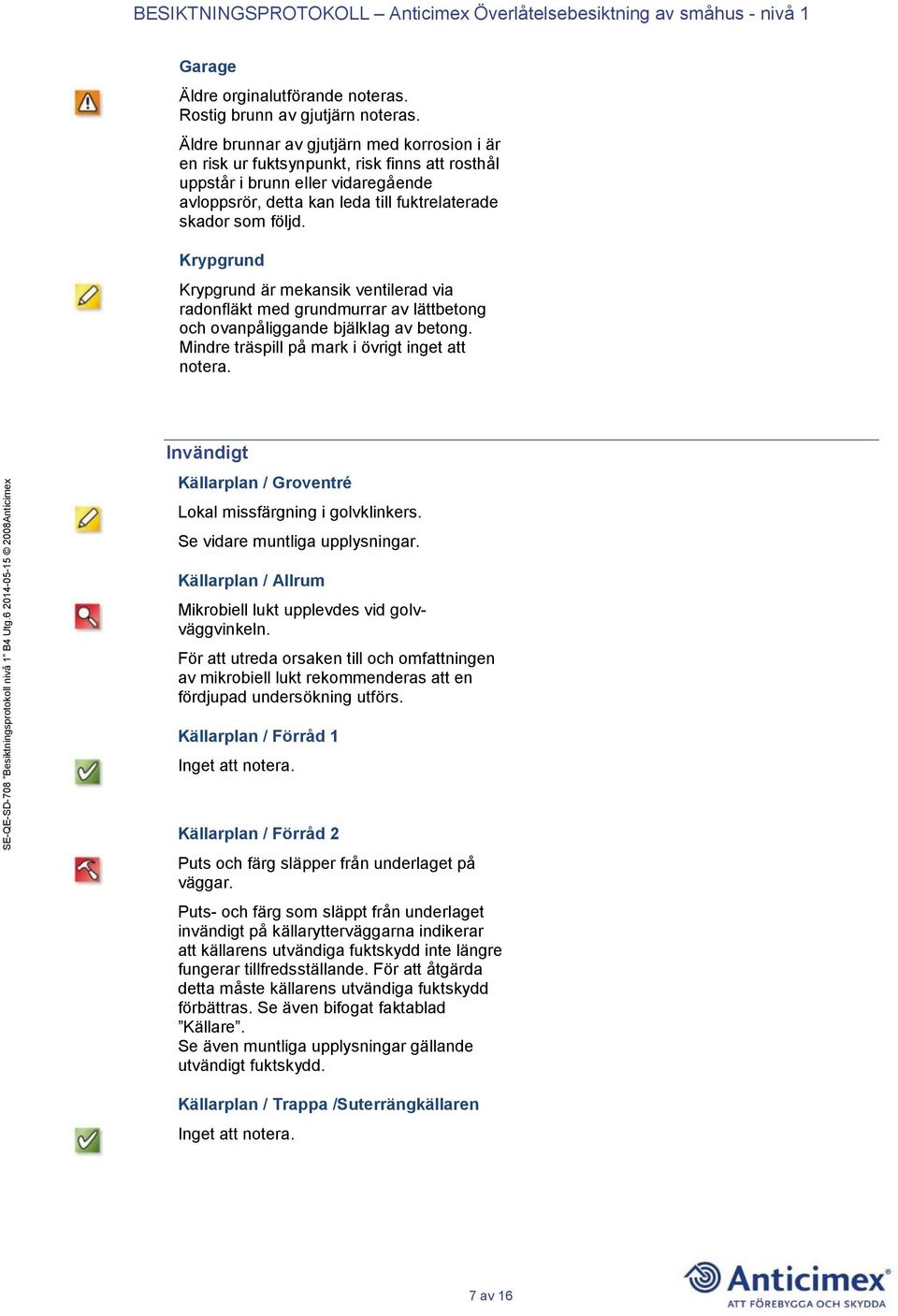 Krypgrund Krypgrund är mekansik ventilerad via radonfläkt med grundmurrar av lättbetong och ovanpåliggande bjälklag av betong. Mindre träspill på mark i övrigt inget att notera.