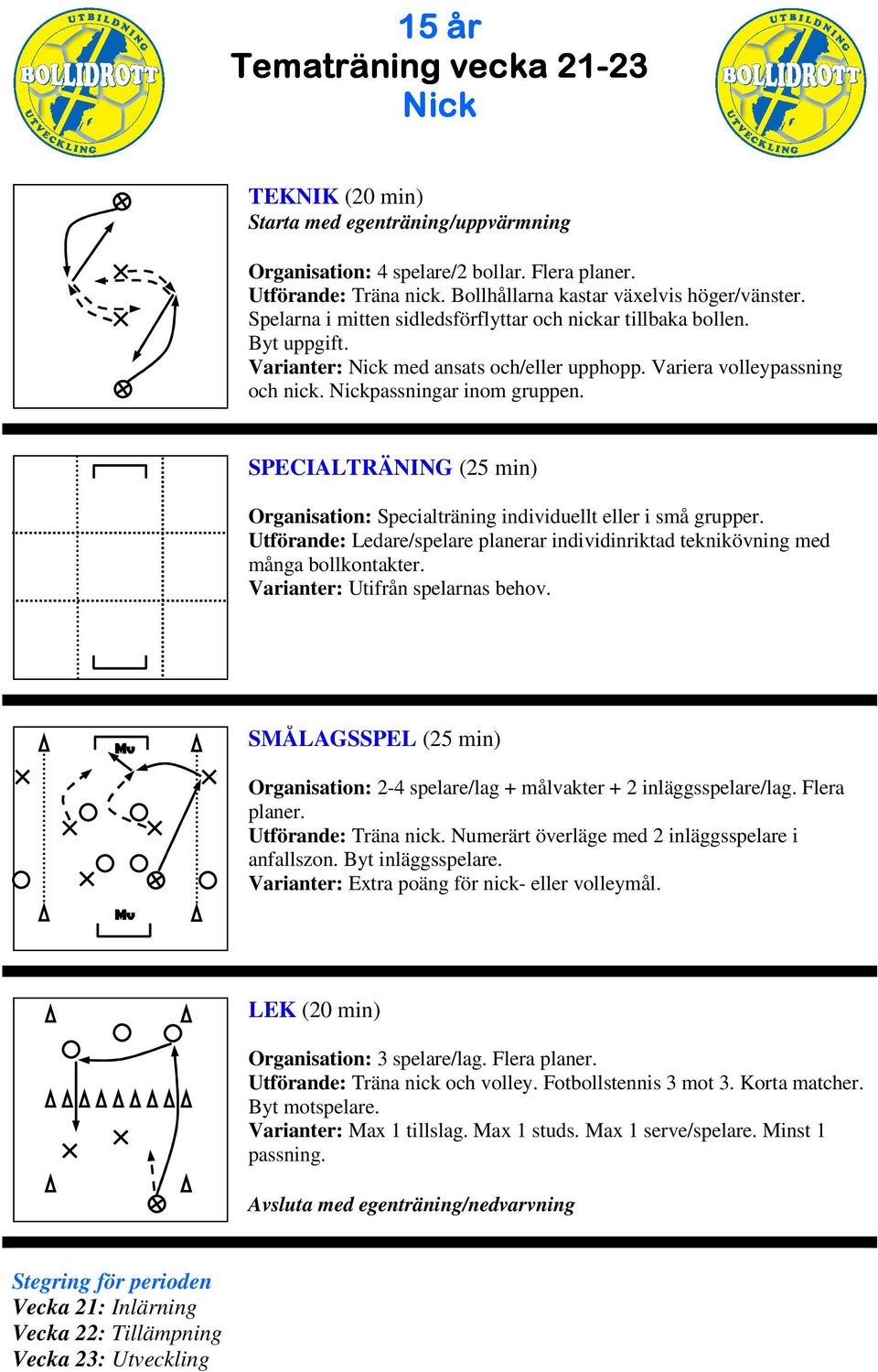 Utförande: Ledare/spelare planerar individinriktad teknikövning med många bollkontakter. v v SÅLAGSSPEL (25 min) Organisation: 2-4 spelare/lag + målvakter + 2 inläggsspelare/lag. Flera planer.