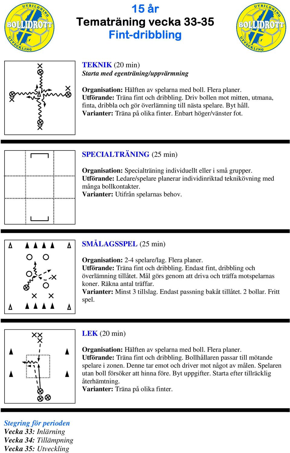 Utförande: Ledare/spelare planerar individinriktad teknikövning med många bollkontakter. SÅLAGSSPEL (25 min) Organisation: 2-4 spelare/lag. Flera planer. Utförande: Träna fint och dribbling.