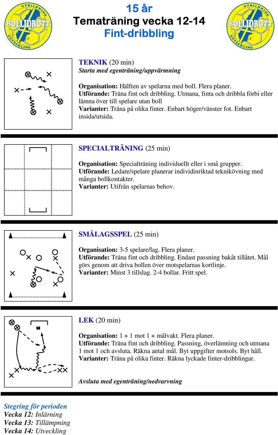 Utförande: Ledare/spelare planerar individinriktad teknikövning med många bollkontakter. SÅLAGSSPEL (25 min) Organisation: 3-5 spelare/lag. Flera planer. Utförande: Träna fint och dribbling.