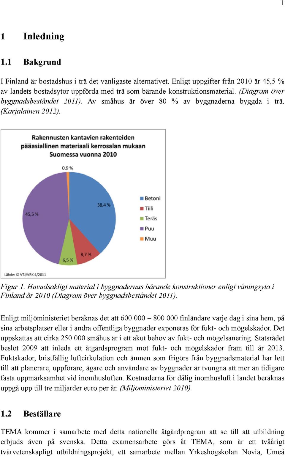 Huvudsakligt material i byggnadernas bärande konstruktioner enligt våningsyta i Finland år 2010 (Diagram över byggnadsbeståndet 2011).