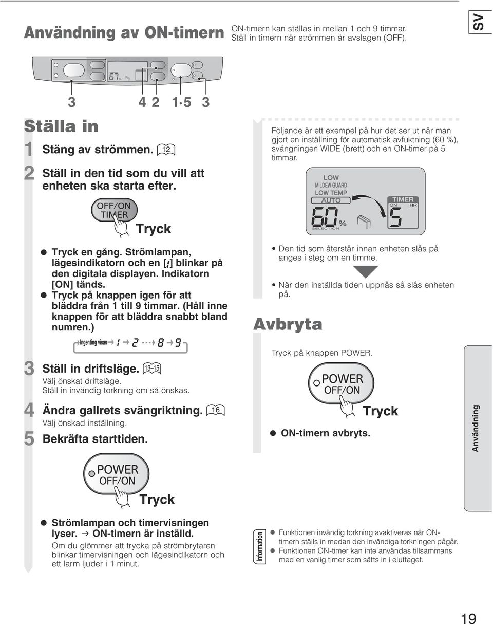 Följande är ett exempel på hur det ser ut när man gjort en inställning för automatisk avfuktning (60 %), svängningen WIDE (brett) och en ON-timer på 5 timmar. en gång.