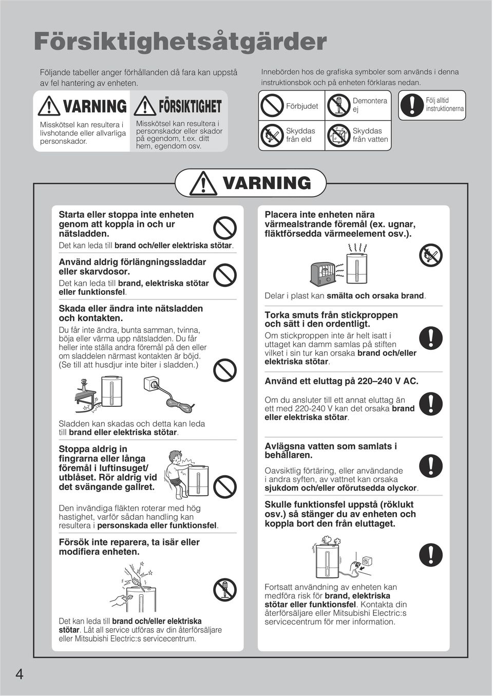 Förbjudet Demontera ej Skyddas från eld Skyddas från vatten Följ alltid instruktionerna VARNING Starta eller stoppa inte enheten genom att koppla in och ur nätsladden.