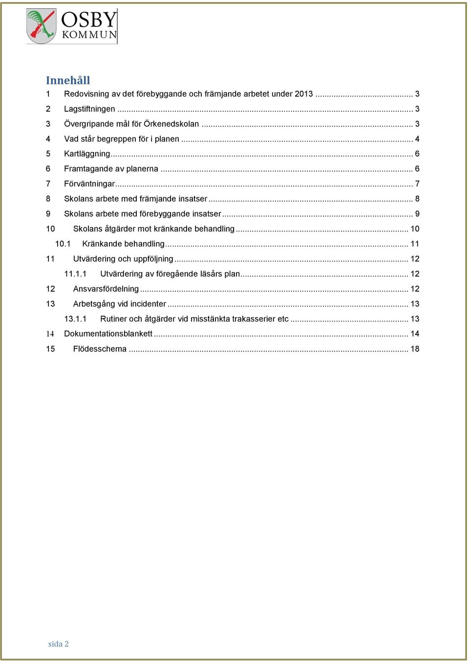 .. 9 10 Skolans åtgärder mot kränkande behandling... 10 10.1 Kränkande behandling... 11 11 Utvärdering och uppföljning... 12 11.1.1 Utvärdering av föregående läsårs plan.