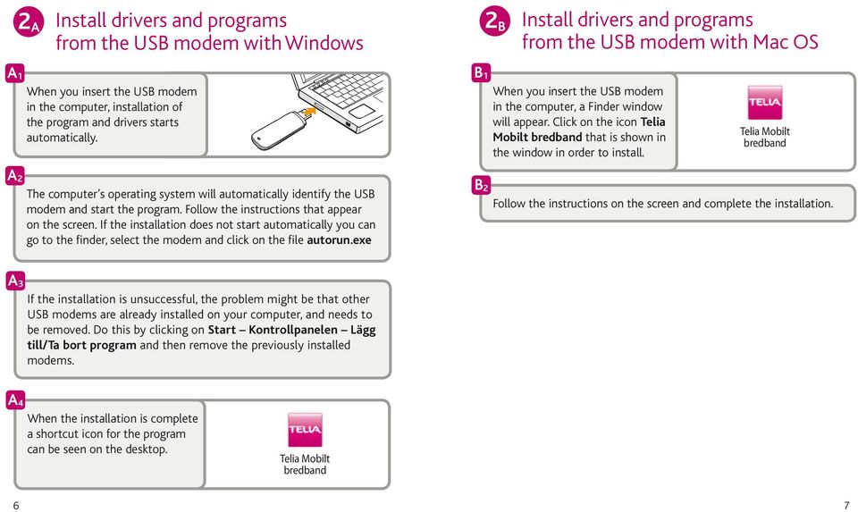 Telia Mobilt bredband 2 The computer s operating system will automatically identify the US modem and start the program. Follow the instructions that appear on the screen.