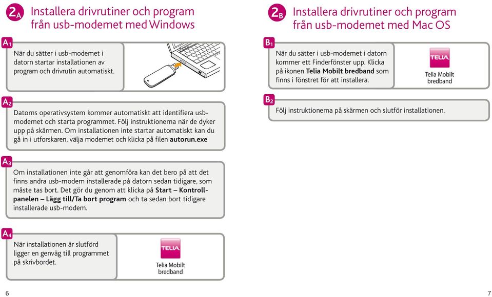 Telia Mobilt bredband 2 Datorns operativsystem kommer automatiskt att identifiera usbmodemet och starta programmet. Följ instruktionerna när de dyker upp på skärmen.