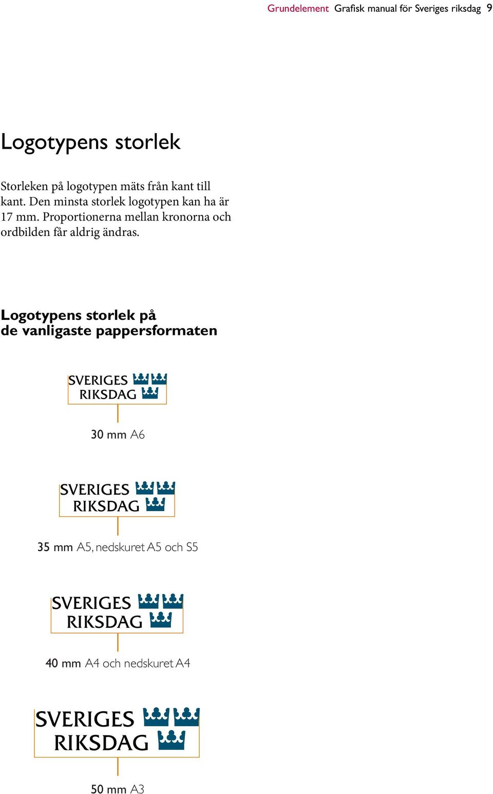 Proportionerna mellan kronorna och ordbilden får aldrig ändras.