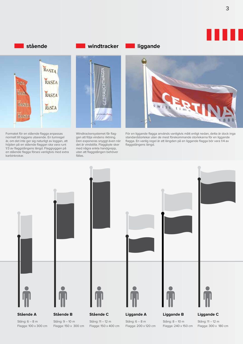 Flaggryggen på en stående flagga förses vanligtvis med extra karbinkrokar. Windtrackersystemet får flaggan att följa vindens riktning. Den exponeras snyggt även när det är vindstilla.