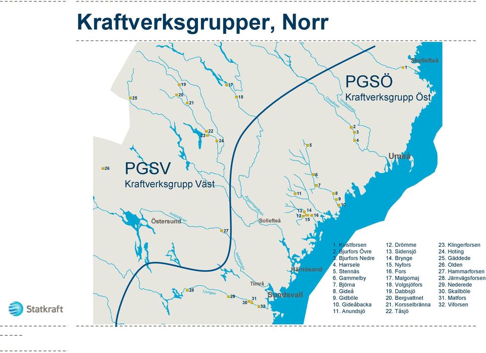Stennäs 16. Fors 27. Hammarforsen 6. Gammelby 17. Malgomaj 28. Järnvägsforsen 7. Björna 18. Volgsjöfors 29. Nederede 8.