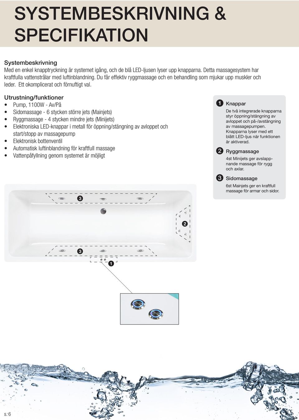 Utrustning/funktioner Pump, 1100W - Av/På Sidomassage - 6 stycken större jets (Mainjets) Ryggmassage - 4 stycken mindre jets (Minijets) Elektroniska LED-knappar i metall för öppning/stängning av